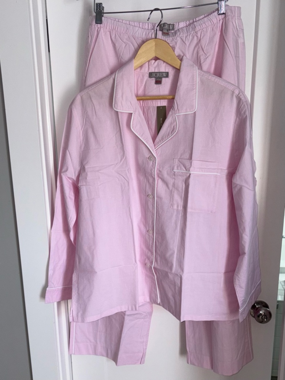 J. Crew Light Pink Cotton Pajama Set with White Piping